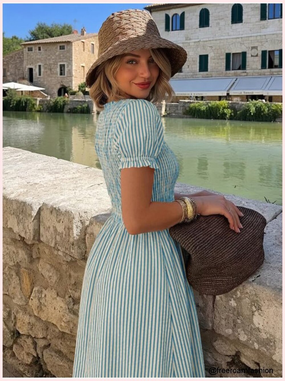 Striped Smocked Midi Dress with Puff Sleeves A-Line Flowy - Picture 4 of 6